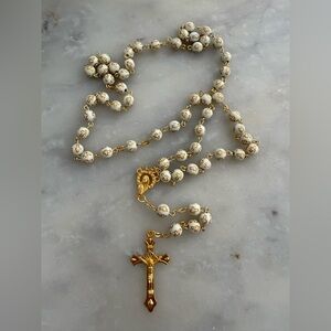 Elegant Gold and Cream Rosary Necklace